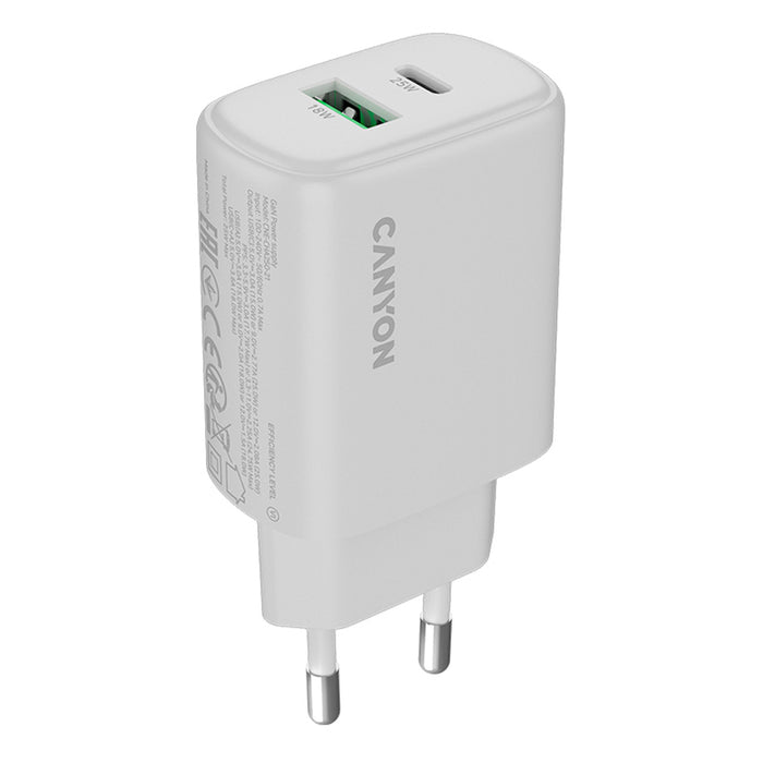 CHARGER 220V CANYON 25W WH CNE-CHA250-21 up to 18 W USB-A, up to 25W USB-C