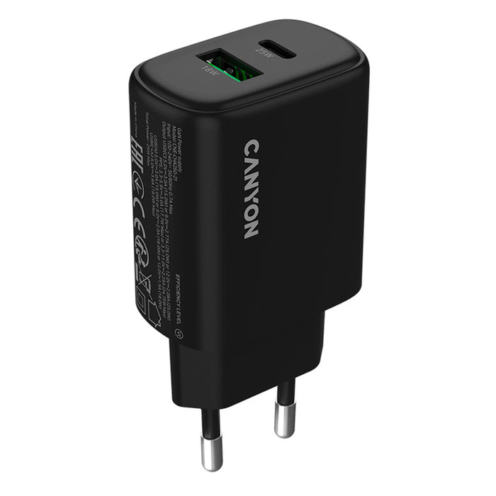 CHARGER 220V CANYON 25W BK CNE-CHA250-31 up to 18 W USB-A, up to 25W USB-C