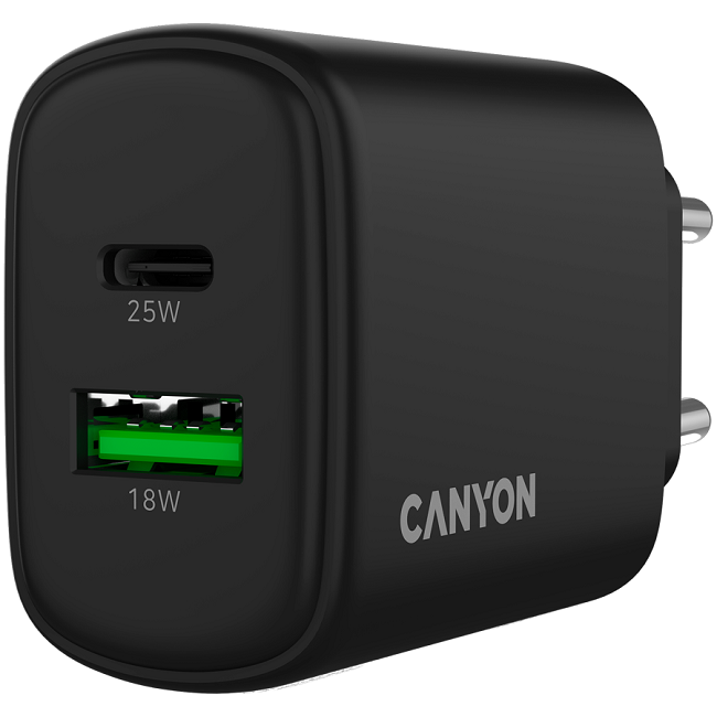 CHARGER 220V CANYON 25W BK CNE-CHA250-31 up to 18 W USB-A, up to 25W USB-C