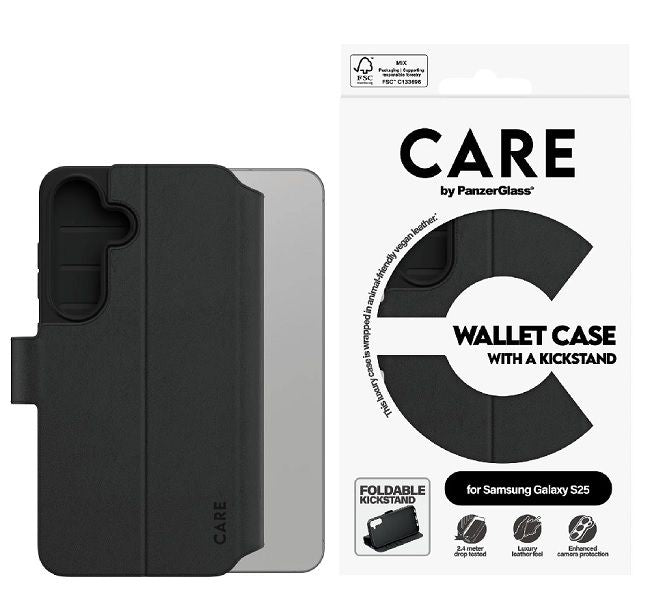 CARE by PanzerGlass Feature Wallet Kickstand Case for Samsung Galaxy S25 - Black