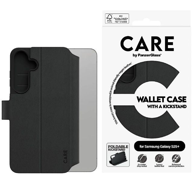 CARE by PanzerGlass Feature Wallet Kickstand Case for Samsung Galaxy S25+ - Black