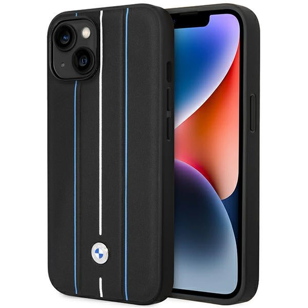 Case BMW BMHCP14S22RVSK iPhone 14 6.1’’ black/black hardcase Leather Stamp Blue Lines - Cell phone cases