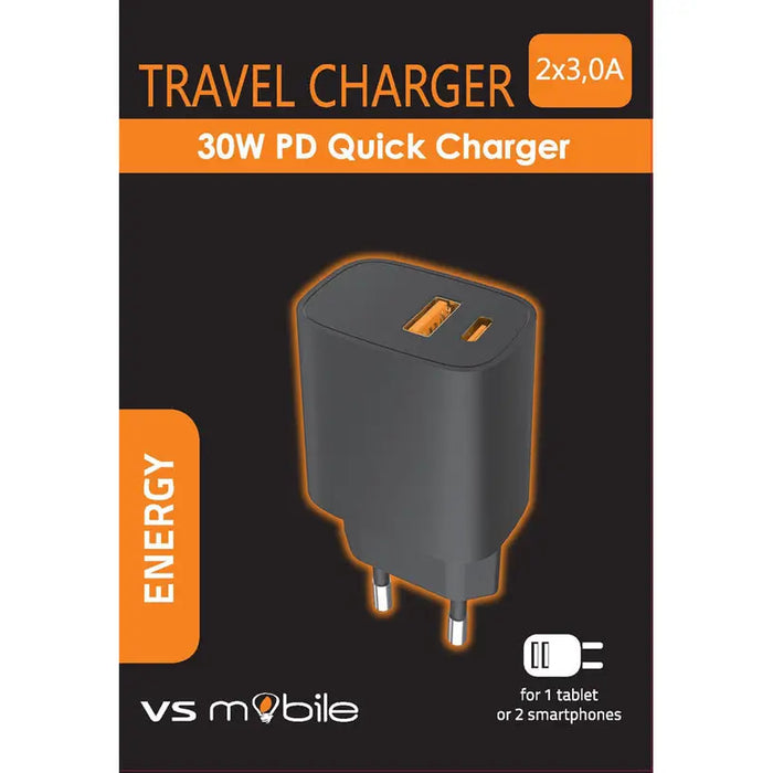 CHARGED FROM EL. NETWORK VSMOBILE 220V 30W PD USB-A + USB-C BLACK - Зарядни устройства<<<Батерии и
