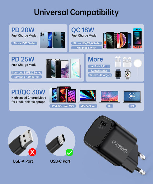 Choetech GaN USB charger Type C PD 30W black (PD5007) - Cell phone USB charger<<<HurtelXML