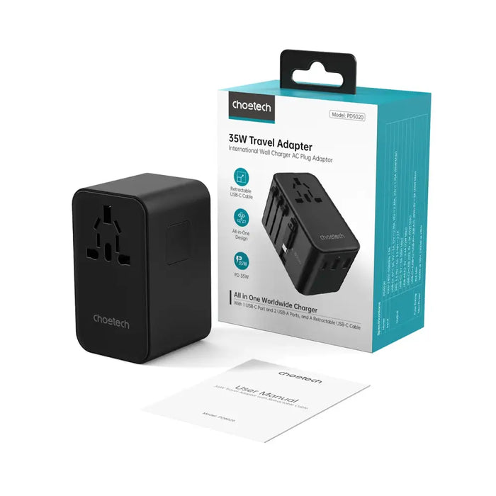 Choetech PD5020 35W EU/US/AUS/UK Travel Adapter with Built-in USB-C Cable - Black - Powerbanks<<<HurtelXML