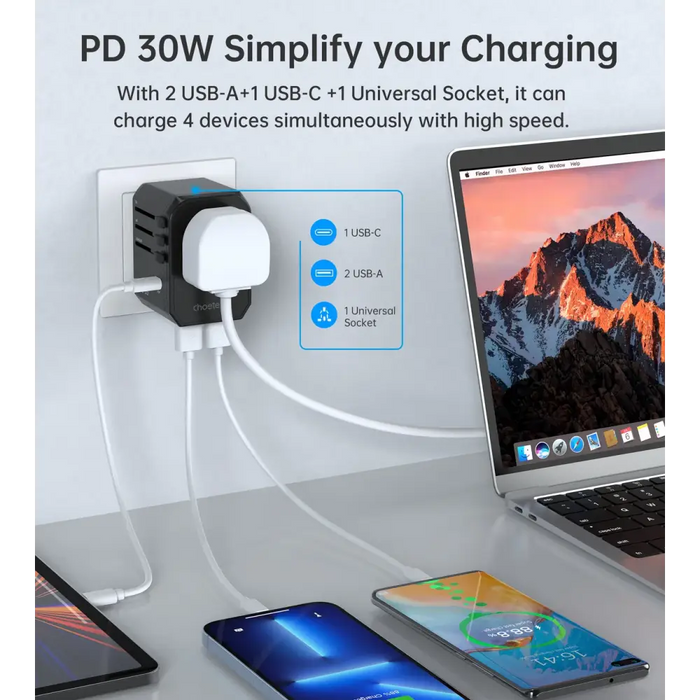 Choetech PD6041 USB-C USB-A PD 30W Travel Charger with 4 Plugs USA EU UK AU - Black - Cell phone USB charger<<<HurtelXML