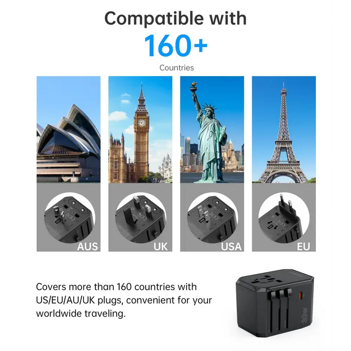 Choetech PD6041 USB-C USB-A PD 30W Travel Charger with 4 Plugs USA EU UK AU - Black - Cell phone USB charger<<<HurtelXML