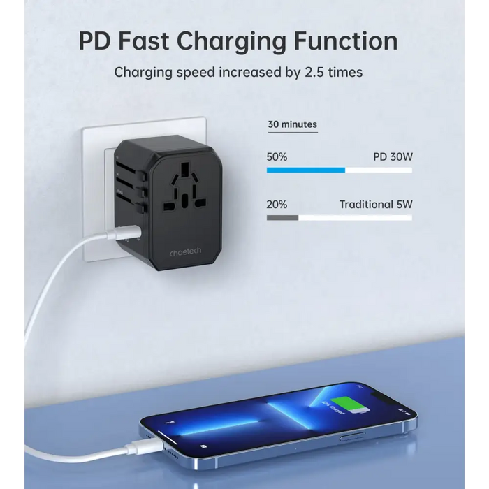 Choetech PD6041 USB-C USB-A PD 30W Travel Charger with 4 Plugs USA EU UK AU - Black - Cell phone USB charger<<<HurtelXML