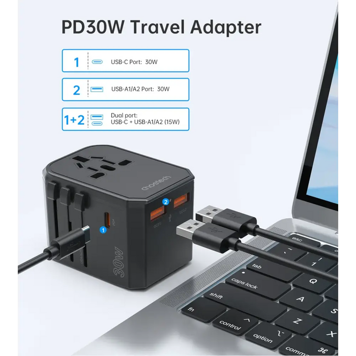 Choetech PD6041 USB-C USB-A PD 30W Travel Charger with 4 Plugs USA EU UK AU - Black - Cell phone USB charger<<<HurtelXML