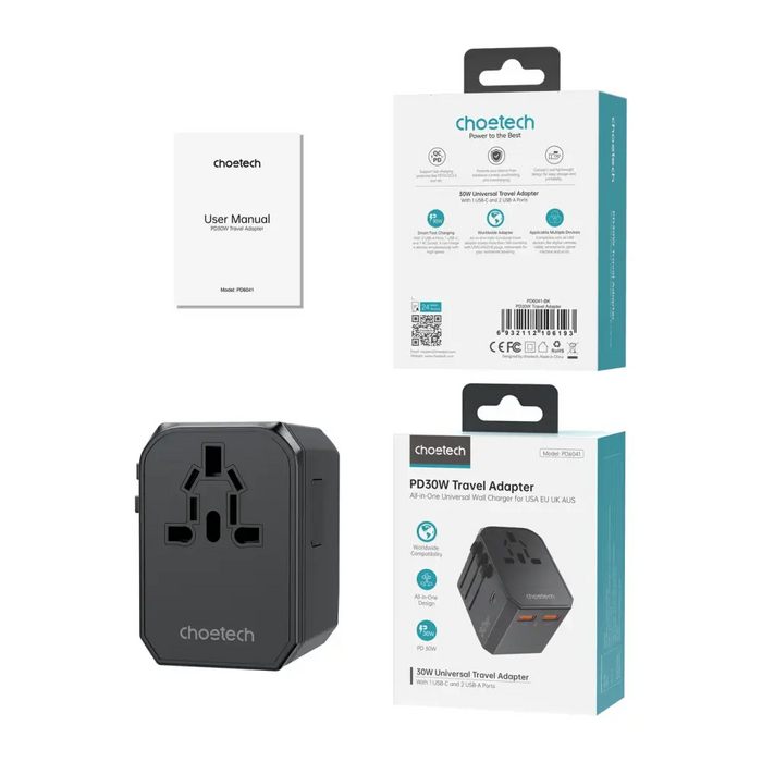 Choetech PD6041 USB-C USB-A PD 30W Travel Charger with 4 Plugs USA EU UK AU - Black - Cell phone USB charger<<<HurtelXML