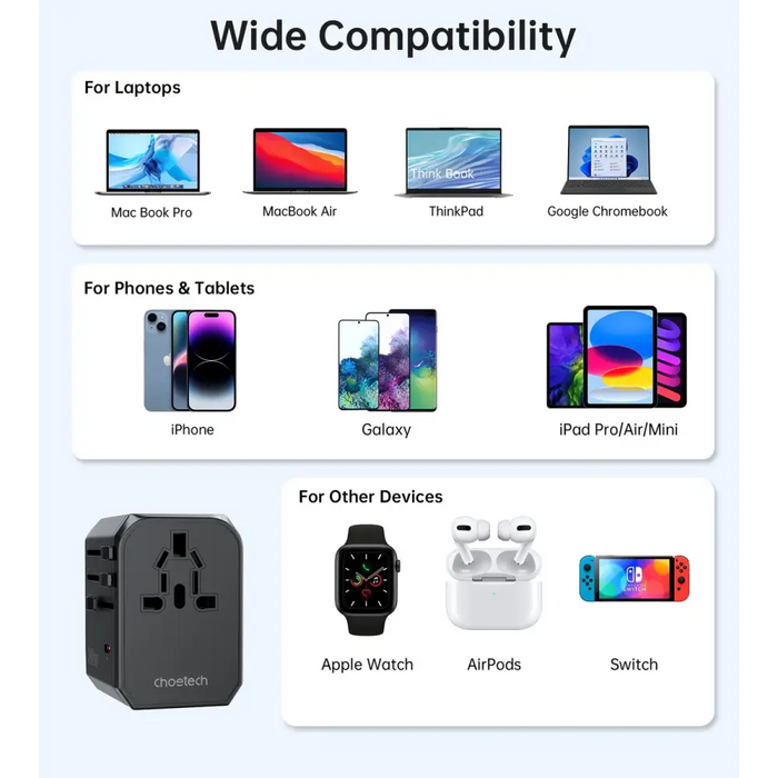 Choetech PD6041 USB-C USB-A PD 30W Travel Charger with 4 Plugs USA EU UK AU - Black - Cell phone USB charger<<<HurtelXML