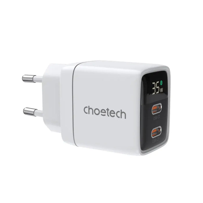 Choetech PD6051 2x USB-C PD 35W GaN wall charger with display - white - Cell phone USB charger<<<HurtelXML