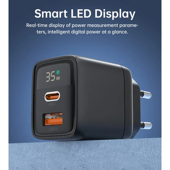 Choetech PD6052 USB-C USB-A PD 35W GaN wall charger with display - black - Cell phone USB charger<<<HurtelXML