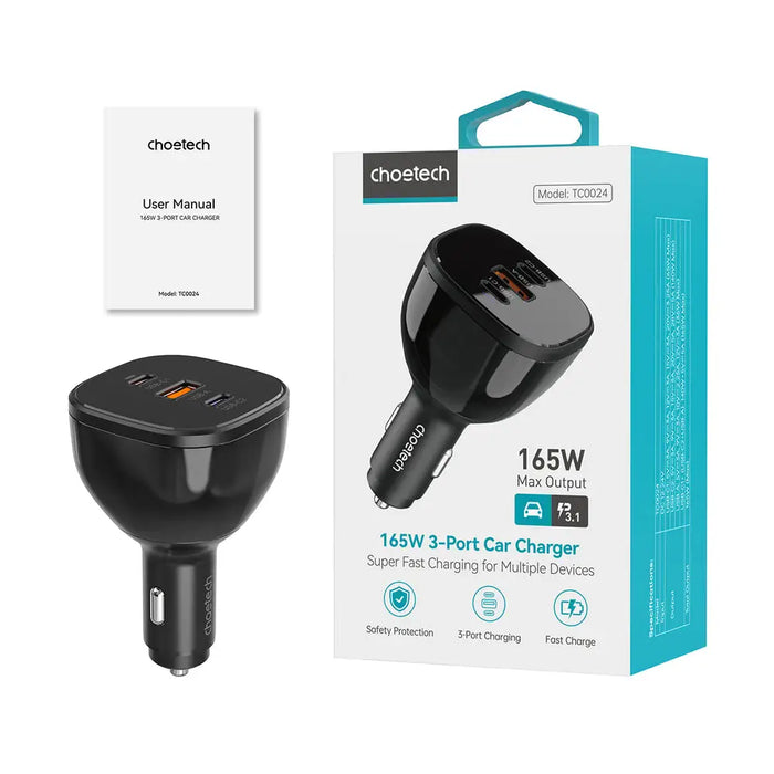 Choetech TC0024 car charger 160W 2x USB-C PD 3.1 1x USB-A - black - Cell phone USB charger<<<HurtelXML