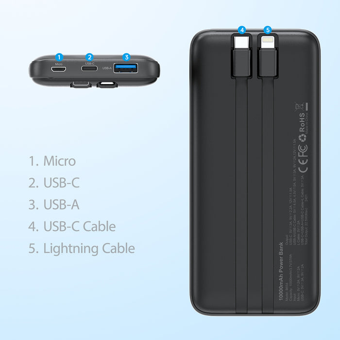 Powerbank Choetech B654 10000mAh 22.5W USB-A / USB-C / micro USB with built-in USB-C / Lightning cable - black