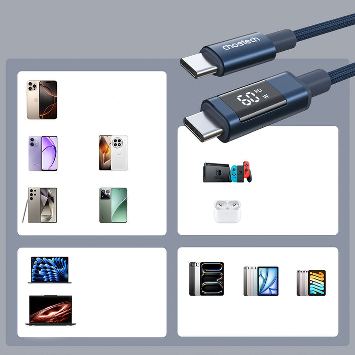 Choetech XCC-1068 PD 60W USB-C - USB-C Cable with Display 1.2 m - Blue