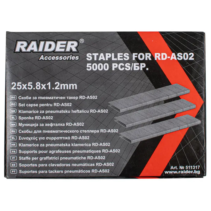 CLAMPS FOR PNEUMATIC TAKER 25X5.8 MM RAIDER RD-AS02 5000 PCS - Скоби и пирони за такери<<<Консумативи за
