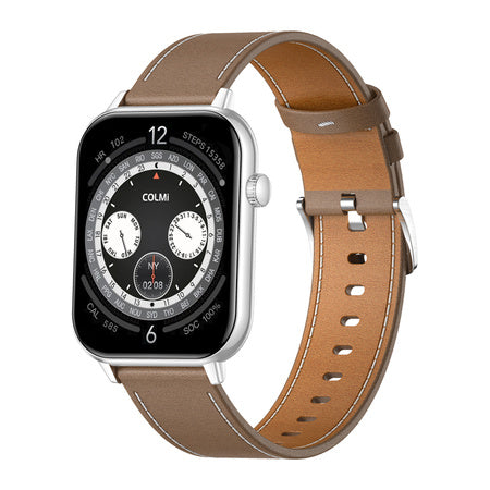 COLMI C28 Smartwatch – Silver + Brown Leather Strap