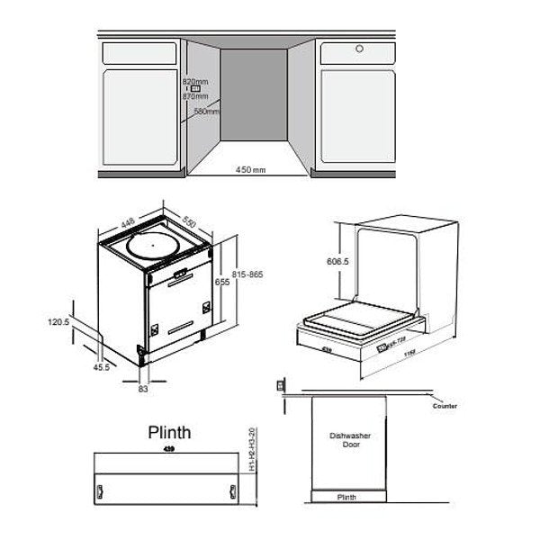 Built-in dishwasher Crown DWC4522BI, 10 place settings, 45 W, mm, E