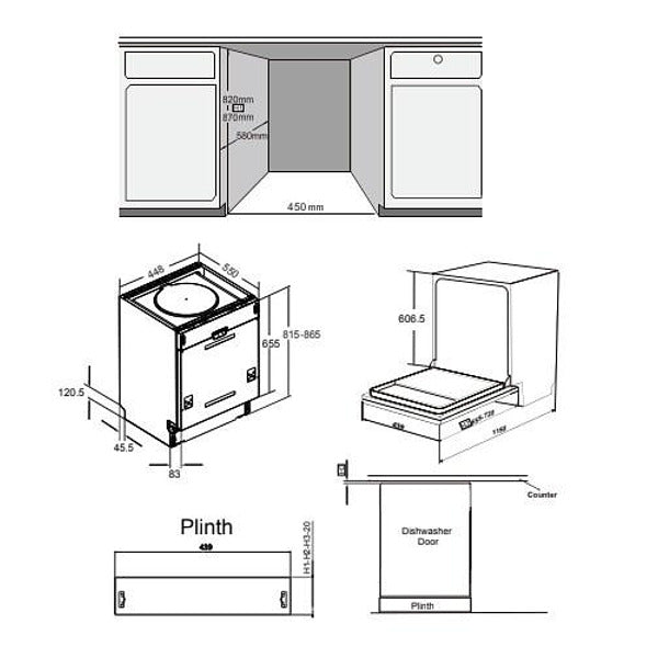 Built-in dishwasher Crown DWC4563BI, 10 place settings, 45 W, mm, C