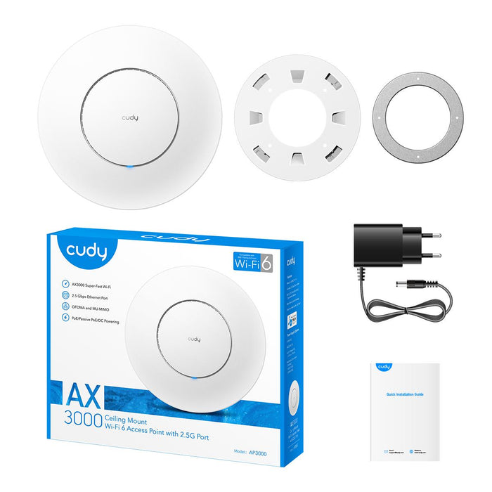 Cudy AP3000 Wireless Access Point, AX3000, 2.4/5 GHz, 571 - 2402 Mbps, 1× 2.5 Gbps, DC Adapter