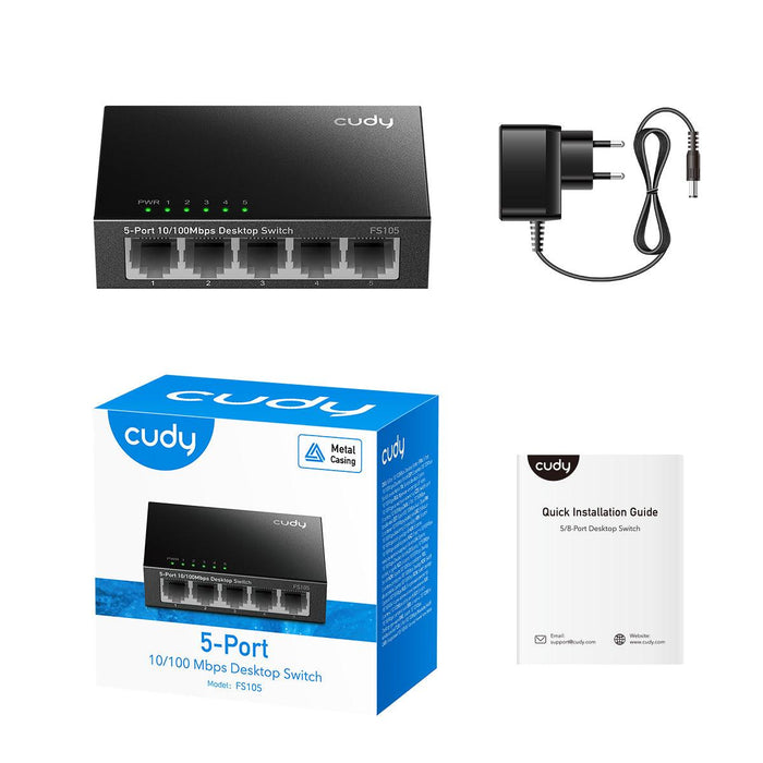 Switch Cudy FS105, 5-port 10/100 Mbps RJ 45, Metal housing, Black