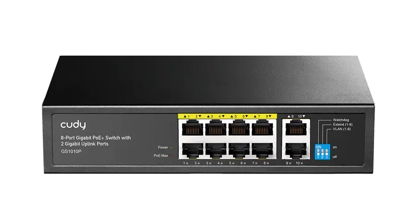 Switch Cudy GS1010P V3.0, 8-port 10/100/1000 Mbps RJ 45, 2xUplink ports - Black