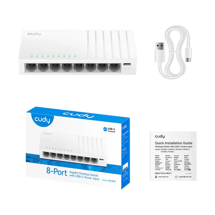 Switch Cudy GS108U, 8-port 10/100/1000 Mbps RJ 45, USB-C - White