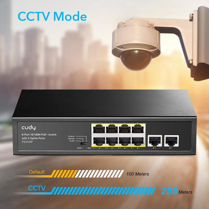 Switch Cudy FS1010P, 8 ports, 10/100, PoE+ Switch 120W, 2 x Uplink ports