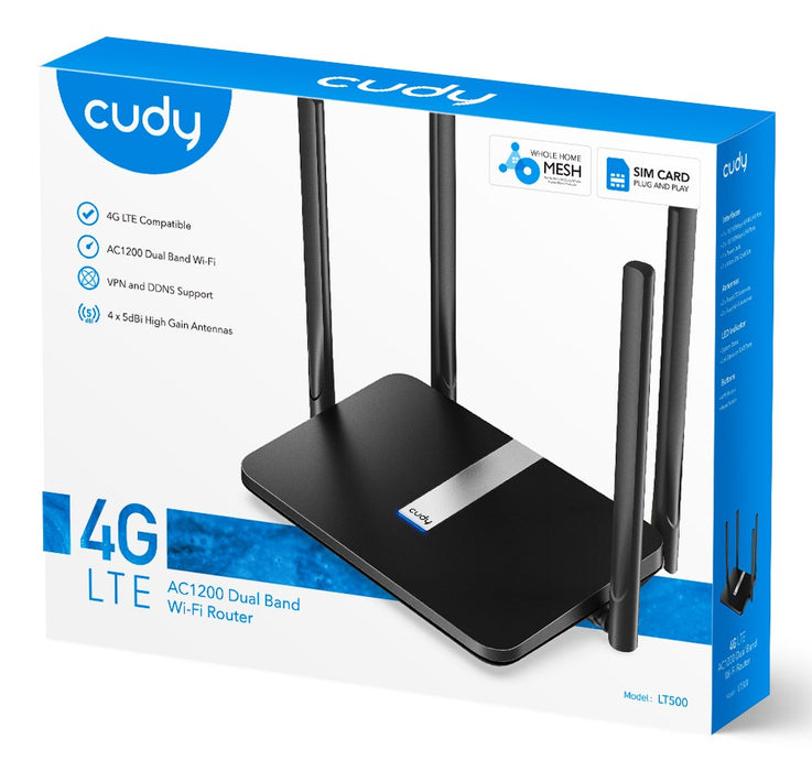 Wireless router Cudy LT500, 4G LTE AC1200, 2.4/5 GHz, 300 - 867 Mbps, 10/100