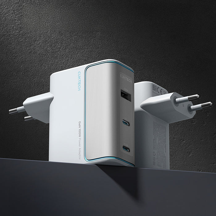 Cuktech AD1003EU 100W GaN 2x USB-C + USB-A Wall Charger with Cable - White