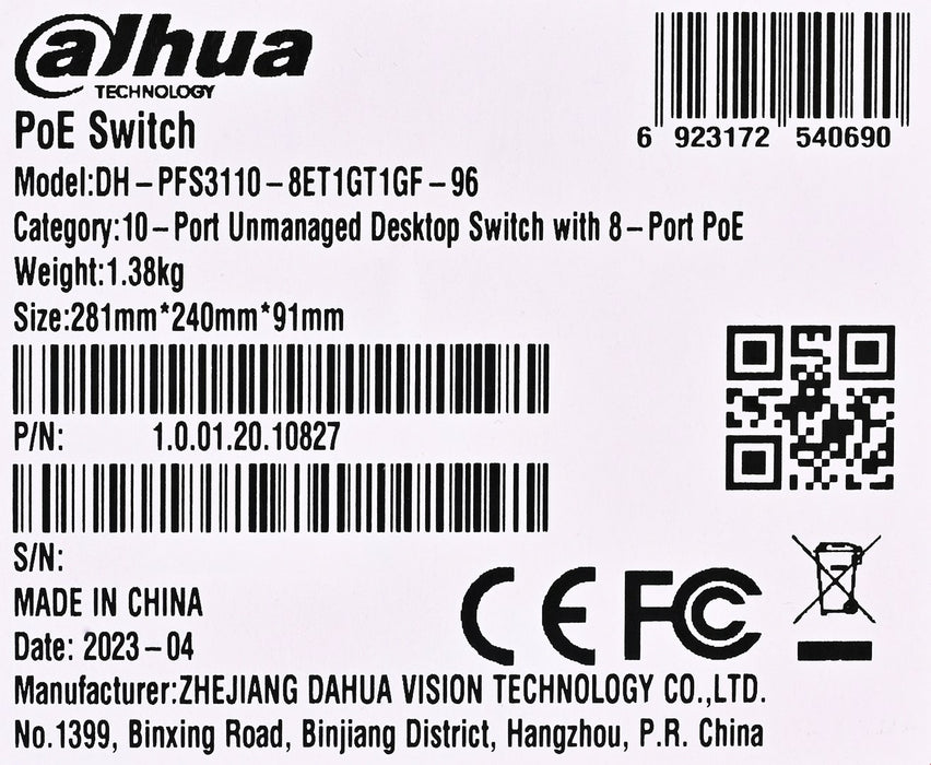 Dahua Technology PoE PFS3110-8ET1GT1GF-96 Unmanaged Gigabit Ethernet (10/100/1000) Power over Ethernet (PoE) Black