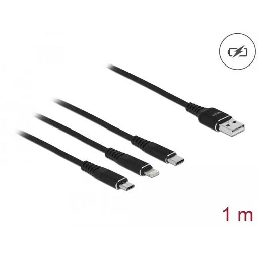 Delock 3 in 1 charging cable USB - Lightning Micro USB- USB-C 1m Black - Кабели за мобилни