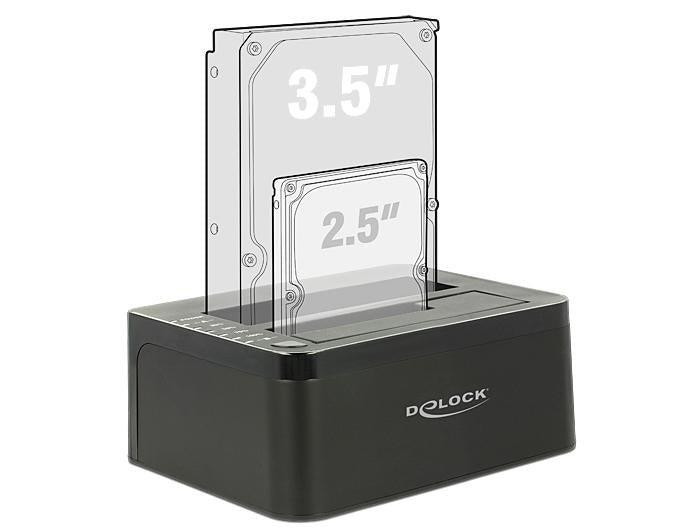 External docking station Delock 62661, for 2.5"/3.5" HDD/SSD, USB 3.0, Clone function, Black