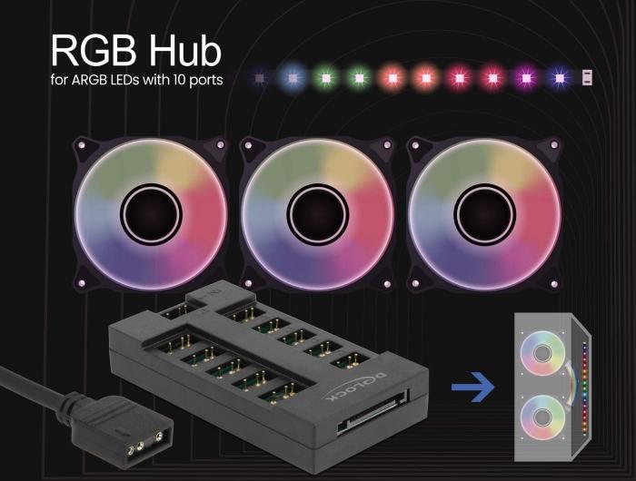 RGB hub Delock, 10 port ARGB LEDs, Black