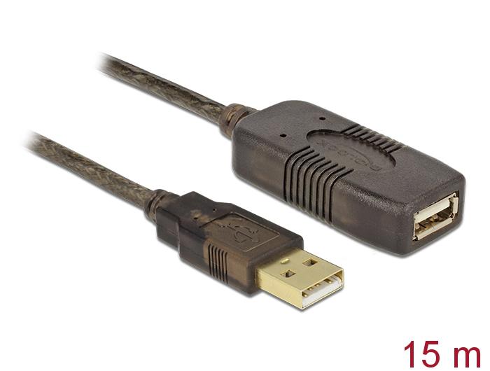 DeLock extension cable, USB-A female - USB-A male, USB 2.0, 15 m, Black
