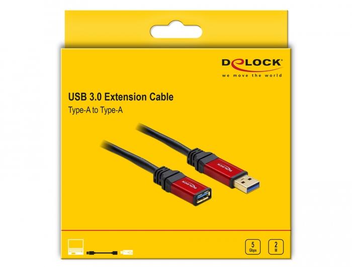 Extension cable Delock USB-A male - USB-A female, 2 m, Premium, Shielded, Black
