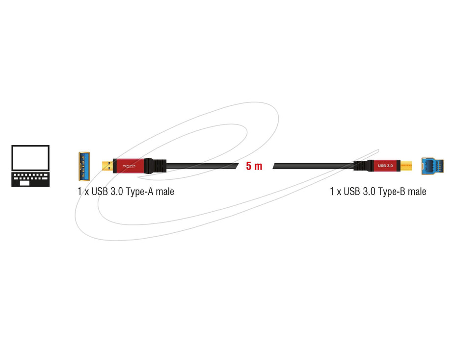 Cable Delock USB-A 3.0 5Gbps male - USB-B 5Gbps male, 5 m, Premium, Black
