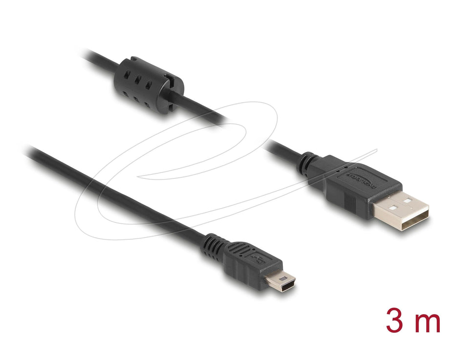 Delock Cable USB 2.0 male to mini-B USB 2.0 male, double shielded, transfer rate up to 480 Mb/s, 3.0 m, Black