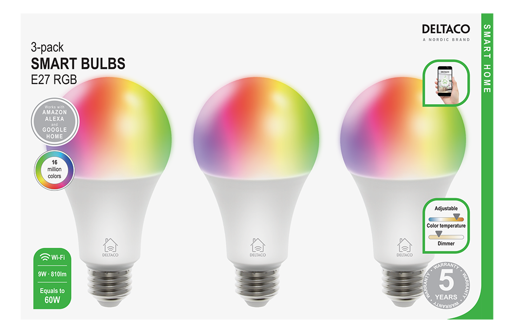 Set of smart RGB bulbs DELTACO SH-LE27RGB, E27, WiFI 2.4GHz, 9W, 810lm, Dimming, White, 3 pcs.