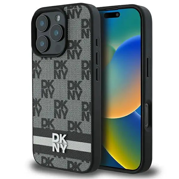 DKNY Checkered Pattern & Printed Stripes case for iPhone 16 Pro - black - Cell phone cases and covers<<<HurtelXML