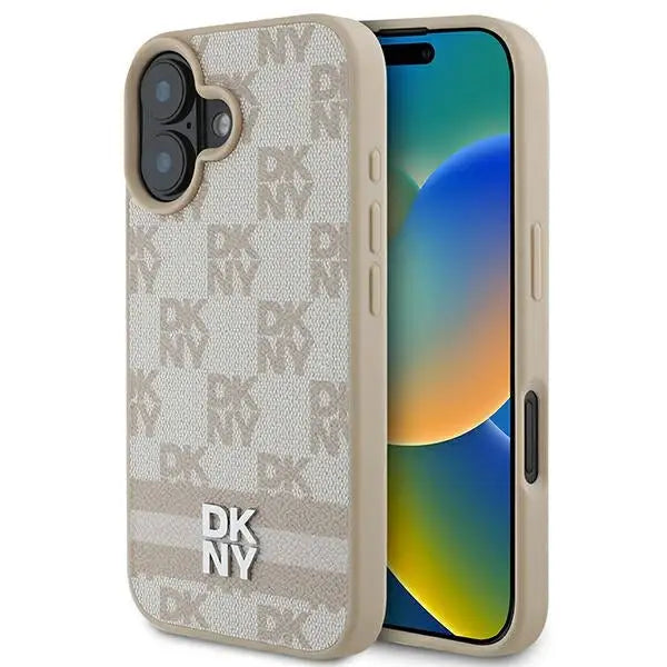 DKNY Checkered Pattern & Printed Stripes iPhone 16 Case - Pink - Cell phone cases and covers<<<HurtelXML