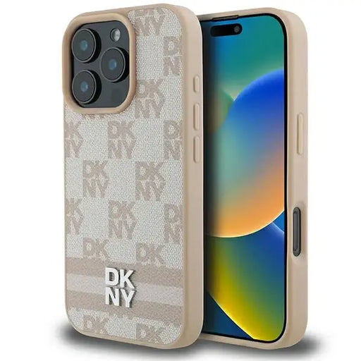 DKNY Checkered Pattern & Printed Stripes iPhone 16 Pro Max Case - Pink - Cell phone cases and covers<<<HurtelXML