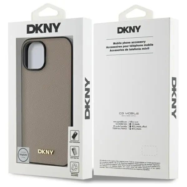 DKNY Grained Metal Logo MagSafe iPhone 15 Case - Beige - Cell phone cases and covers<<<HurtelXML