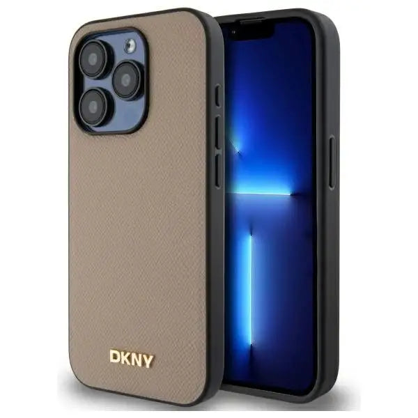 DKNY Grained Metal Logo MagSafe iPhone 15 Pro Case - Beige - Cell phone cases and covers<<<HurtelXML