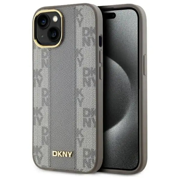 DKNY Leather Checkered Mono Pattern MagSafe iPhone 15 Plus Case - Beige - Cell phone cases and covers<<<HurtelXML