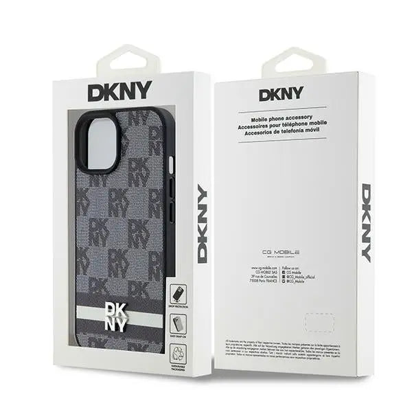 DKNY Leather Checkered Mono Pattern & Printed Stripes Case for iPhone 15/14/13 - Black - Cell phone cases