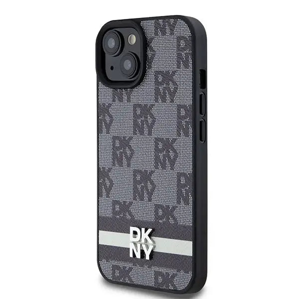 DKNY Leather Checkered Mono Pattern & Printed Stripes Case for iPhone 15/14/13 - Black - Cell phone cases