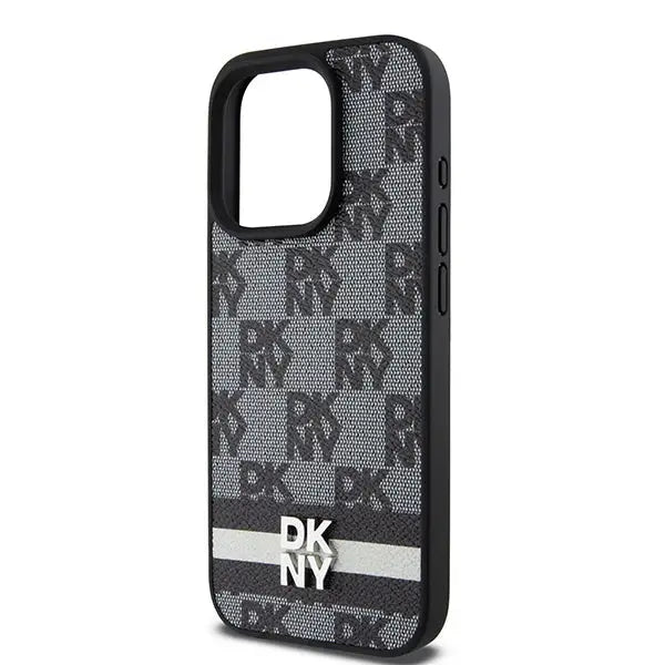 DKNY Leather Checkered Mono Pattern & Printed Stripes Case for iPhone 15 Pro Max - Black - Cell phone cases