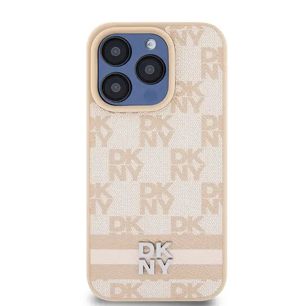 DKNY Leather Checkered Mono Pattern & Printed Stripes case for iPhone 15 Pro - pink - Cell phone cases